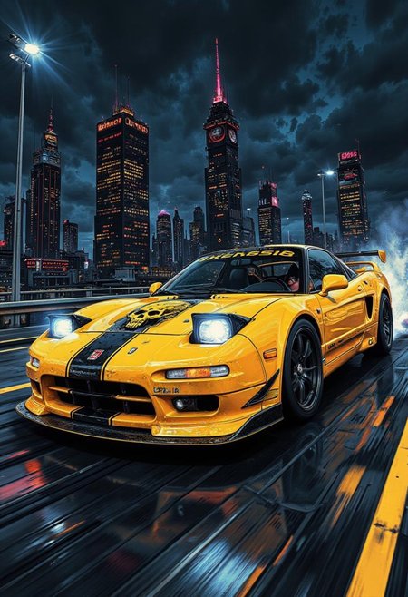 Photorealistic illustration, Honda NSX, 1990s NSX, shiny body, yellow car, LED headlights, skull and black stripes on the body, skyscrapers, Japan, Tokyo, highway, night, high speed race, racing, motion lines,
 <lora:Dieselcore:0.7><lora:Glitchcore_Flux:0.4>