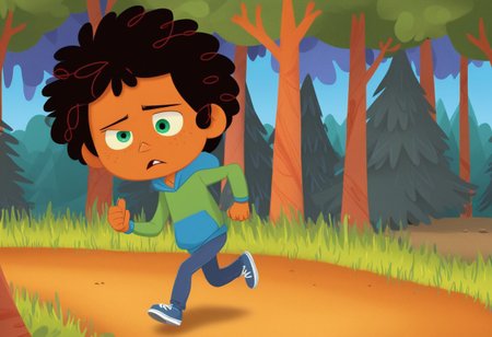 max (camp camp), cartoon theme, max (camp camp), 1boy, solo, human, male focus, curly black hair, curly tousled black hair, afro, dark skin, dark-skinned male,  large eyes, round eyes, green eyes,small nose, triangular nose, pointed nose, anoyed face, running,  blue hood, blue pants, small body, young boy, chibi, dark forest, night