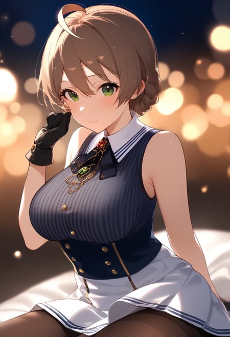 1girl,
sakuramori kaori,


ahoge, braid, blush, closed mouth, striped clothes, pantyhose, jewelry, striped shirt, light particles, skirt, solo, hand up, white skirt, depth of field, high-waist skirt, sleeveless, green eyes, large breasts, bokeh, buttons, side braid, brooch, black gloves, hair between eyes, vertical-striped clothes, bare shoulders, vertical-striped shirt, gloves, blurry, sleeveless shirt, light brown hair, shirt, breasts,

sfw
<lora:a31_char_new_sakuramori_kaori-000018:1> <lora:a31_style_koni-000010:0.8>