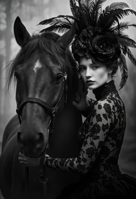 NyxBorne. A black and white photo shoot from a portrait camera angle about a woman and a horse in a dramatic pose. the image features a woman with pale skin, wearing a black lace dress with intricate floral patterns and a large, feathered headpiece adorned with a large black flower. she is positioned on the right side of the image, leaning slightly to the left of the horse, with her face close to the camera. the woman, who appears to be in her mid-twenties, has a serious expression and is looking directly at the viewer. she has dark lipstick on her lips, and her hair is styled in an elegant updo. the horse is standing close to her, with a halter around its neck. the background is blurred and out of focus, giving the image a dreamy, ethereal quality. the lighting is soft and diffused, creating a sense of depth and dimensionality. the overall mood is dark and moody, with the woman and the horse creating a striking contrast.