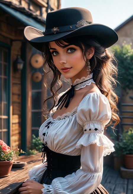 score_9, score_8_up, score_7_up, source_anime,high res image, masterpiece, best quality,
gorgeous woman, puffy body, dark eyes, nose blush, gradient hair long hair with drill bangs,
wearing victorian dress, laces, fahion hat,
outdoor terrasse background, 
side view, cowboy-shot, smiling, standing pose
 (8k uhd:1,4)
 <lora:add-detail-xl:1>
 <lora:Dynamic Poses:1>