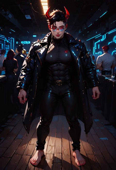 ((score_9, score_8_up, score_7_up,score_9, score_8_up, score_7_up)), (Masculine, Light/tan skin, Toned and 6'5 feet tall:1.4), 24 years old, Handsome face, smileface, perfect face, (((Black hair with neon red highlights))), ((Glowing neon Gold irises)), (Neon Red pupils), (White Sclera), shiny skin, Curley short haircut, ((2 spiral red horns)), (((Demon))), (Large muscle build), gages in ears, Neon tattoos on arms, wild hair, toned hips, ((fit look, large intelligent glasses)), ((Long Blue leather coat, dragon scale coat, black vest, black shirt, black pants)), shiny skin, living room , warm lighting, (no nsfw), lavish bar, stools, cowboy shot, alcohol, crowd, talking with hands