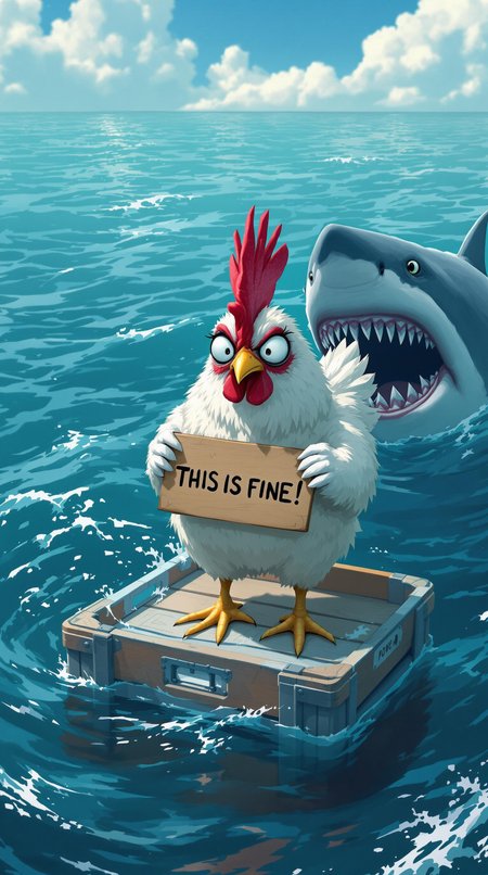 Create a hyper-realistic, extremely detailed image of an anime-style chicken standing on a floating crate in the ocean. Chicken: nervous expression with wide, fearful eyes, holding a sign (THIS IS FINE!). SHARK: Hyper-detailed, sharp-toothed, and hungry swimming next to the crate. STYLE: Hyper-realistic, blending anime's expressive charm with precise textures (feathers, shark, crate) and intense, suspenseful atmosphere.