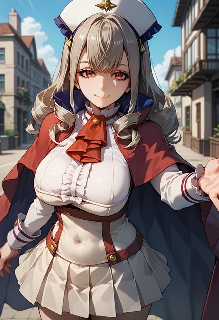 score_9,score_8_up,score_7_up,source_anime, Sophia Keren,1girl,solo,breasts,looking at viewer,smile,large breasts,skirt,long sleeves,hat,closed mouth,pleated skirt,frills,cape,ascot,covered navel,white skirt,outstretched arm,red ascot