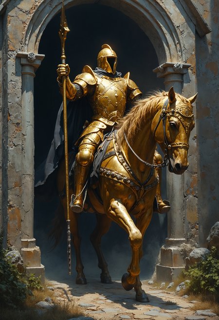 A towering knight clad in gleaming golden armor, wielding a halberd and shield, mounted on a formidable armored steed, patrols the grounds of a weathered church. This scene is depicted in stunning detail, resembling an ultra-realistic dark fantasy painting. The knight's intricate armor shines with a majestic luster, contrasting with the somber backdrop of the ancient church. The artist's attention to realism and dark ambiance immerses the viewer in a world of fantasy and mystery, making this image truly captivating.
