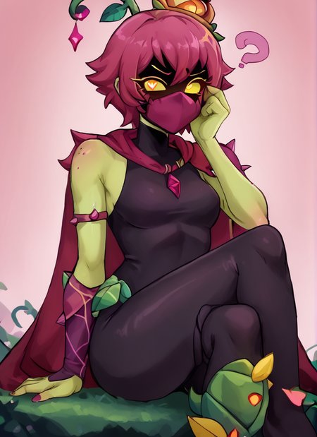 score_9, score_8_up, score_7_up,  <lora:lilyxl:1>bslily 1girl  green skin ,  yellow eyes,  shaded face,   no mouth, pink hair , shaded face, ,pink mouth mask, plant gir  ,,sleveless  , black bodysuit  ,  asymmetrical sleeves,  purple sleeve  ,  cape , sit  ,  looking at viewer,  ,(confused:1.2), solo simple background,  <lora:Kittew-4RCH0N:1>heart-shaped pupils,