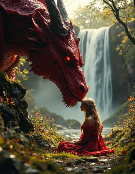 cinematic photo of a woman with long blonde hair and a red dress sitting in a grassy forest clearing. She is gently touching foreheads with a massive, detailed red dragon. The dragon's head takes up a large portion of the left side of the image, showcasing its textured scales, horns, and glowing red eyes. The woman is seated on the right, looking towards the dragon with a peaceful expression. A waterfall is visible in the misty background behind the dragon, adding to the fantastical setting. Sunlight filters through the trees, creating soft, diffused lighting and highlighting the textures of the dragon's scales, the woman's hair and dress, and the surrounding foliage. Tall grasses and wildflowers are visible in the foreground. emphasizing detail and soft natural light, reminiscent of fantasy art, 35mm photograph, film, bokeh, professional, 4k, highly detailed. <lora:Elden_Ring_-_Yoshitaka_Amano:0.4>, <lora:FantasyWizardWitchesFluxV2-000001:0.8>, <lora:RetroAnimeFluxV1:0.35>, <lora:FluxProUltraFantasia:0.5>, <lora:- Flux1 - vanta_black_V2.0:0.7>, <lora:CinematicStyleFlux_v1:0.6>