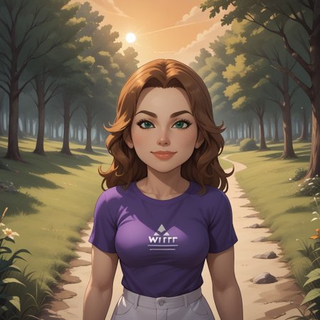 score_9, score_8, BREAK, solo, wii, mii, wii sports, 1girl, female mii, brown hair, green eyes, brown eyebrows, blush, lips, purple clothing, white pants, barefoot, breasts, nintendo mii, modern_mii, classic_mii, Jane_(Wii_Fit), sexy pose, self portrait, smile, outdoors, sunlight, shadows, evening lighting, natural lighting, forest, trees, grass, orange sky, sunset