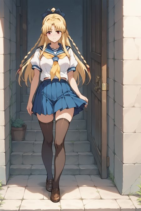 score_9, score_8_up, score_7_up, masterpiece, best quality,
<lora:pony_good_hands:0.5>, good_hands,
1girl, mature female,
large breasts, wide hips,
 <lora:YuriKashima:0.7> YuriKashima, hair ribbon, twin braids,
serafuku, yellow neckerchief, black thighhighs, skirt, loafers,