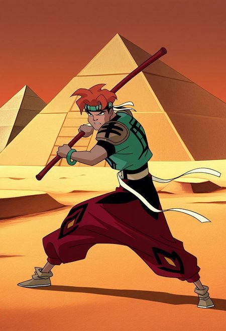 masterpiece, best quality, amazing quality, very aesthetic, absurdres, newest, terranigmark, 1boy, dcaustyle, terranigmark, spiky orange hair, pauldrons with faces, jeweled headband, print shirt, green sleeves, bracelets, belt with dangling straps, red baggy pants, shoes, holding bo staff, art deco pyramids, desert background, retro artstyle, ((action pose))