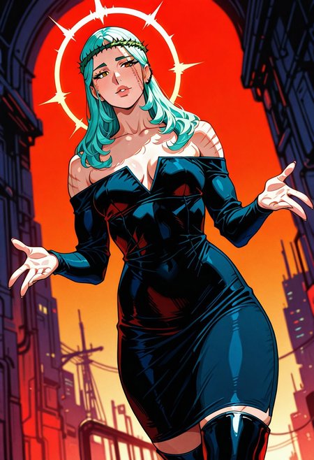 MorenaPrudoHxH, 1girl, solo, tall woman, slim woman, almond-shaped brown eyes, long hair, dark blue hair, piercings left ear, two parallel scars on face, puffy lips, green crown of thorns, collarbone, large breast, bare shoulders, shoulder-less dress, dark dress, tight dress,  long sleeves, thick thigh, black boots,
,seductive pose, sexy pose, tease, 
masterpiece, best quality, ultra-detailed, very aesthetic, detailed background, very aesthetic, newest, scenery, highres, 4k, absurdres, 8k, colorful,vibrant, glowing, , 2d, perfect eyes, detailed eyes, 
 masterpiece, best quality, ultra-detailed, very aesthetic, newest, scenery, absurdres, perfect anatomy, , perfect face, perfect eyes, mature body, clear eyes, beautiful eyes, athletic, curvy body, athletic girl, perky tits, perfect tits, round breasts, pinup pose, teasing, lustful expression,
muscular female, dutch angle,
,detailed eyes,Smooth Negative, highres, absurdres,   uncensored, retro_artstyle, retro, cyberpunk