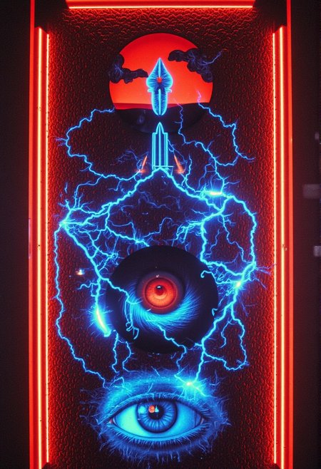 Slot machine graphics from front view . Disturbing scenes of addiction, people injecting drugs heroin, white powder, drinking alcohol smoking cigarettes. very strange surrealist style with holographic vortex featuring swirls of holotropic colour and glowing eyes wet distorted factory shot. On the television sets are glowing hands, with electricity coming off the finger tips. swirling around