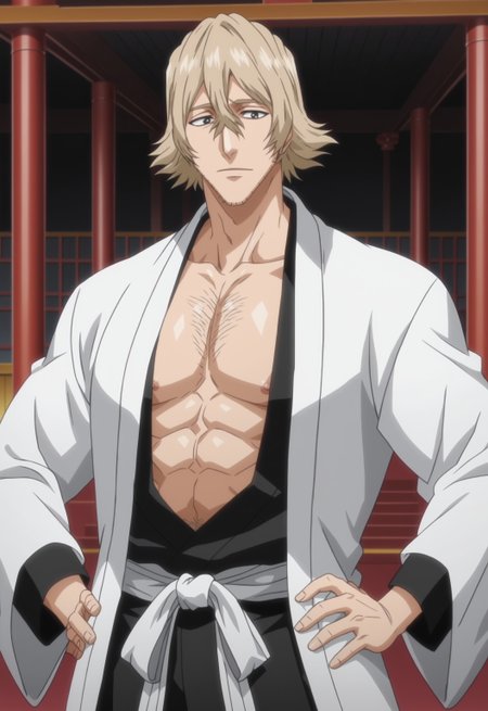 safe_pos, safe_pos, safe_pos, score_9, score_8_up, rating_nsfw, ultra hd, absurdres, best quality, ultra quality, masterpiece, masculine, solo, 1boy, male focus, best anatomy, best eyes, best hands, sexiest man alive, erotic, gay porn, hand with five fingers, mature male, anime screencap

BleachUrahara, blonde hair, stubble, white coat, haori, japanese clothes, anime screencap, chest hair, Japanese temple background, hands on hip, Expressiveh, open eyes, nipples