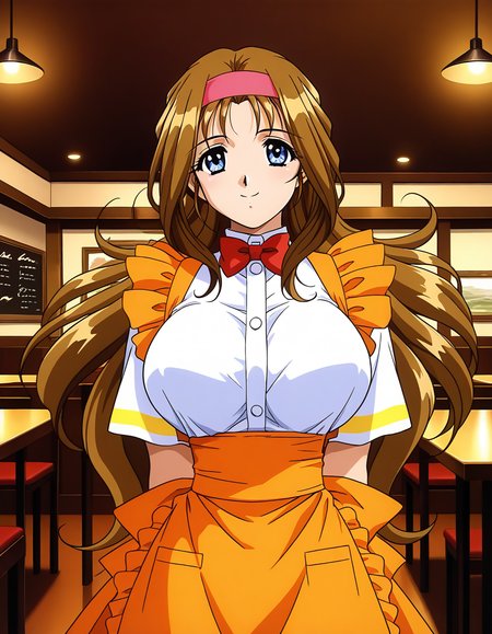 general,highres, ultra-detailed,very aesthetic,best quality ,best hands,  BREAK <lora:Kokubo_Reika_OVA_IS:1>
Kokubo_Reika_OVA, brown hair, long hair, blue eyes, large breasts, 1girl, solo, hairband, waitress, bow, smile, orange apron, BREAK,
 restaurant, room,