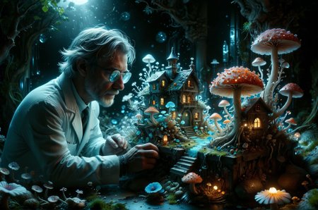 Microscopic world: A scientist peers through a microscope, gazing in awe at a fantastical world unfolding beneath the lens. Tiny, bioluminescent mushrooms sprout from a crystalline surface, their caps resembling miniature houses with glowing windows. Strange, ethereal creatures flit between them, their forms defying the laws of physics. (Photorealistic, scientific illustration style, high magnification) 
award winning artwork,
many details, extreme detailed, full of details,
Wide range of colors., Dramatic,Dynamic,Cinematic,Sharp details
Insane quality. Insane resolution. Insane details. Masterpiece. 32k resolution.
 <lora:add-detail-xl:0.95> <lora:casting shadow style v2:0.1> casting shadow style, cucoloris patterned illumination <lora:CinematicStyle_v1:0.1> <lora:Disturbia:0.1> <lora:dvr-lnds-sdxl:0.1> dvr-lnds-sdxl <lora:Glowstick_SDXL:0.1> mad-glowstick <lora:MJ52:0.2> <lora:princess_xl_v2:0.1> <lora:ral-anmwrlds-sdxl:0.1> ral-anmwrlds <lora:ral-apoctvisn-sdxl:0.1> ral-apoctvisn <lora:ral-cltc:0.1> ral-cltc <lora:ral-dissolve:0.1> ral-dissolve <lora:ral-ertmsphr:0.1> ral-ertmsphr <lora:ral-fluff:0.1> ral-fluff <lora:ral-fntsyrlms-sdxl:0.1> ral-fntsyrlms <lora:ral-mtclniscp-sdxl:0.1> ral-mtclniscp <lora:ral-porcelain:0.31> ral-porcelain <lora:ral-pxlprtcl:0.1> ral-pxlprtcl <lora:ral-vlntxplzn:0.1> ral-vlntxplzn <lora:ral-vbrntacyl-sdxl:0.1> ral-vbrntacyl