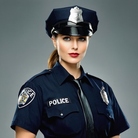 Advertising poster style,  <lora:Advertising:1.5>
A creative photo of  a 1990's woman in a police uniform is looking to the camera advertising style, Professional, modern, product-focused, commercial, eye-catching, highly detailed