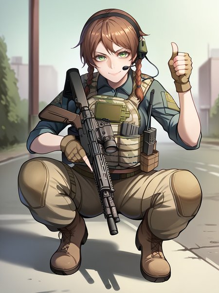 score_9, score_8_up, score_7_up, score_6_up, score_5_up,  <lora:tacticalclothesXLP:1> tactical clothes, 1girl, gun, weapon, gloves, solo, braid, rifle, twin braids, holding weapon, holding, holding gun, pants, brown hair, assault rifle, fingerless gloves, thumbs up, photo background, m4 carbine, trigger discipline, military, looking at viewer, squatting, headset, outdoors, bulletproof vest, smile, ear protection, camouflage, boots, green eyes