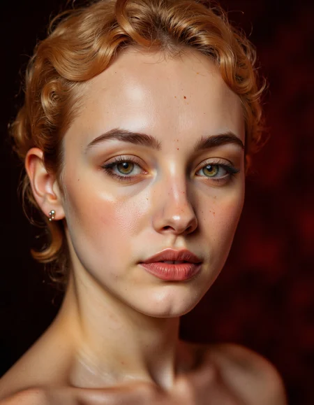 This is a highly detailed, hyper-realistic digital painting of a young woman's face. The image is in a close-up, focusing on her upper torso and head. She has light skin with a natural, glowing complexion, featuring a sprinkling of freckles across her nose and cheeks. Her eyes are a striking green, framed by thick, dark lashes, and her eyebrows are slightly arched. She has a soft, rounded jawline and full, slightly parted lips with a natural pink hue. Her hair is short, wavy, and light brown with a touch of red, styled in a messy, tousled manner that frames her face. She wears small, round stud earrings that add a subtle touch of elegance. The background is a dark, blurred red, which contrasts sharply with her skin and hair, drawing attention to her face. The lighting is soft yet detailed, highlighting the texture of her skin and the natural shine of her hair. The overall style is photorealistic, capturing every nuance of her facial features and expression with great precision. The image exudes a sense of intimate, candid beauty., <lora:nastassia:1>