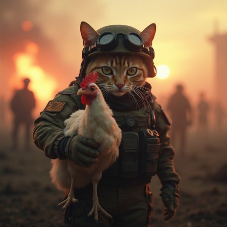 Imagine a hyper-realistic, cinematic scene set on a dramatic battlefield at dusk, where a cat soldier stands at the center of the frame. The cat is dressed in full military gear—camouflage uniform, tactical vest, and a helmet with night vision goggles resting on top. Its fur is slightly matted from the dust and grit of battle, but its determined, fierce expression is locked in as it points forward, as if commanding a charge.
The most surreal aspect: the cat is holding a chicken as its weapon. The chicken, wide-eyed but calm, is gripped firmly, its feathers ruffling slightly in the breeze. The cat’s paw is positioned as if holding the chicken like a rifle, and the chicken’s beak is pointed outward like the muzzle of a gun.
The lighting is intense and cinematic, with dramatic beams of orange and red light cutting through the dust and smoke of the battlefield, casting long shadows across the scene. The setting sun paints the sky with fiery hues, and the soft glow reflects off the cat’s helmet, enhancing the surreal, yet epic mood. Behind the cat, distant figures and silhouettes of fellow soldiers blur into the background, emphasizing the cat soldier as the main focus of this heroic and absurd moment.
The overall scene feels both serious and absurdly humorous, blending elements of war drama with the bizarre imagery of a cat soldier and its unusual weapon of choice, adding a whimsical twist to an otherwise intense setting.