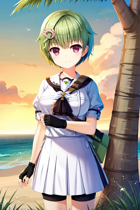 zPDXL2, rating_safe, source_anime, 4k quality, detailed background, detailed eyes, grass, beach, ocean, palm trees, street, leaning against tree, back to tree, <lora:nomiki-xl-07:1>, nomiki, medium breasts, full breasts, white school uniform, white skirt, black biker shorts, black fingerless gloves, smile