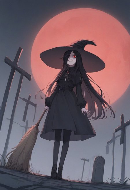 score_9, score_8_up, score_7_up, rating_safe, source_anime,
1girl, witch, extremely long hair, black hair, solo, black dress, scary,  long sleeves,  black big hat, hair over left eye, keen eyes, sanpaku eyes, yandere, grin, unnatural face, cemetery, goth fashion, ink, full body, dutch angle, twisted broom, one raven on shoulder, eerie, glitchy, dark sky, night, ravens in the sky, big moon, red moon,