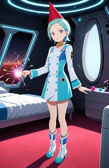 1girl, eureka, party popper, red party hat, popping petard, collar, purple eyes, aqua hair, hairclip, short hair, dress, boots, futuristic spaceship bedroom, dim lighting, long sleeves
<lora:eureka_xl_v7:1.0>, masterpiece, best quality