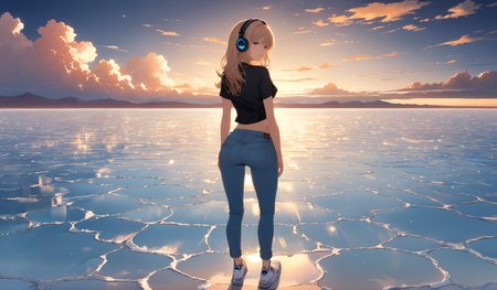 professional 3d model ((full body wide angle cinematic shot portrait)), (anime, masterpiece, intricate:1.3), (best quality, hires textures, high detail:1.2), (4k),(incredibly detailed:1.4), perfect anatomy, correct sense of scale, side lighting, shiny skin, with wavy blonde hair marine blue eyes, oval-faced, slim, small breasts, constricted waist, nice body, perfect lips, Sexy mouth, high pointed nose, (nostrils:1.2), neatly drawn nose, adult, woman in headphones, blush, smile, ((blue jeans, crop tight t-shirt)), white sneakers, wave from a distance, wave hands, Uyuni salt lake, (japanese anime style), <lora:aesthetic_anime_v1s:1.25>, <lora:One_Point_perspective:1.2>, 
