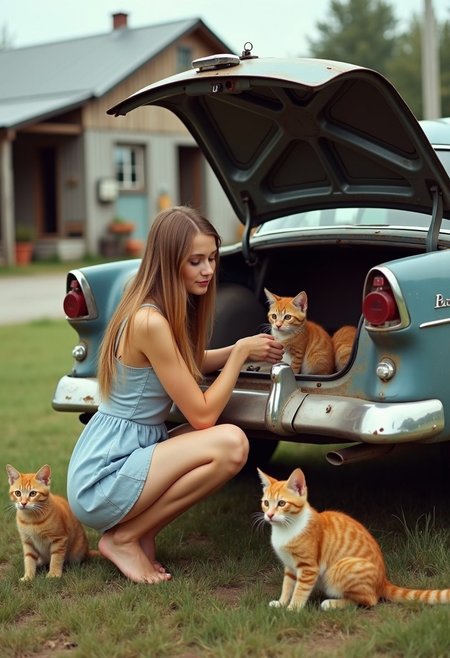 cinematic still of a fair skin luscious blond with long straight silky hair. She found a litter of kitties in the trunk of a car. Her heart full of love she can't help but pet them. The background is the Canadian north small town,  a store and a repair garage. photography of a young woman. This is a high-resolution photograph capturing a nostalgic, rural scene from the mid-20th century. The central subject is a young woman with long, brown hair, kneeling beside an open, rusted car with its hood up. She is wearing a light blue, sleeveless dress that is slightly short, revealing her bare legs. Her skin is fair, and she has a slender build with medium-sized breasts. She is barefoot, and her left arm is extended, reaching into the car's interior. BREAK Surrounding her are four orange tabby cats with white markings, two on either side of her. They are sitting on the ground, alert and curious. The background features a rural setting with a grassy field and a few wooden, rustic buildings, including a small house and a shed, set against a backdrop of green trees and distant mountains under a bright blue sky with a few fluffy white clouds. The ground is a mix of dirt and grass, with some wildflowers scattered about. The car, likely a 1950s model, is weathered and shows signs of age, adding to the retro feel of the image. The overall scene exudes a sense of simplicity and peacefulness.