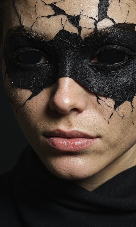 A conceptual, close-up photograph portrays a woman's face partially covered by a layer of meticulously crafted, cracked and peeling makeup or prosthetic material, resembling aged, fragmented stone or dried paint, creating a striking, textural effect. The woman's visible features include a small, delicate nose and full, slightly parted lips with a natural, pale pink color and a subtle, glossy sheen, suggesting a hint of lip balm or moisture. The eyes are completely concealed beneath thick, opaque black material applied to the cracked surface, creating deep, unsettling voids where the eyes should be. The visible skin is fair and smooth, but with carefully applied makeup to mimic fine cracks and lines, blending seamlessly with the texture of the artificial surface. The woman is wearing a high-necked, dark, almost black garment that covers the lower portion of her neck and blends into the shadows, The body pose is tilted a little. The lighting is soft and even, likely from diffused studio lights, creating subtle shadows that emphasize the depth and texture of the cracked material and the contours of the woman's face, without harsh highlights or deep shadows., <lora:FLUX-daubrez-DB4RZ-v2:0.3> DB4RZ, DB4RZ style painting
<lora:aidmaRealisticSkin:0.8> aidmarealisticskin