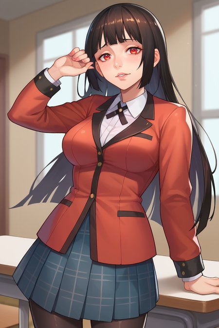 score_9, score_8_up, score_7_up, BREAK,  <lora:taffytales-guy-PONYv1:1>, 1girl, solo, breasts, <lora:kakegurui_jabami_ponyXL:0.95> jabami yumeko, hime cut, brown / red eyes, school uniform, red jacket, long sleeves, white shirt, black ribbon, black skirt, plaid skirt, black pantyhose