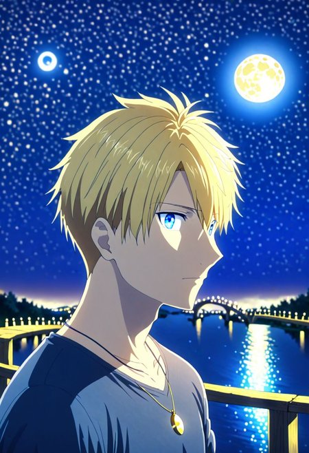 high resolution, solo, best quality, 1Boy, Yamato Ishida, Blond Hair, Blue Eyes, Necklace, depth of field, moon, fantastic night, stary sky, dreamlike, midle of bridge, OverallDetail