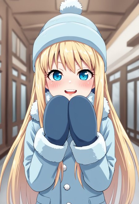 qzo, digital illustration, charact portrait, depth of field, pastel coloring/(medium/), blonde hair, very long hair, blushing, face focus, buck teeth, looking at viewer, ushanka, mittens, winter coat