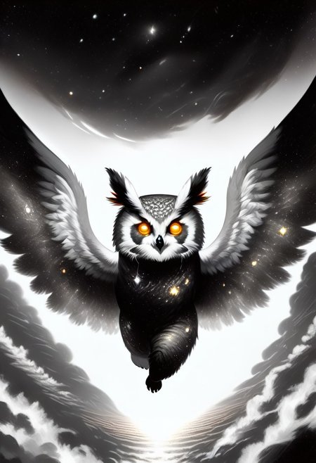 Score_9, Score_8_up, Score_7_up, lora:Navi_Celestial_Skin_PonyXL:1.1 nv-celestialskin, redpandafolk, rabbitfolk, owlfolk, foxfolk, sketch, monochrome, greyscale, YR_GradLight, 0u73r5p4c3, space, planet, nebula, galaxy, asteroid, GalaxyTelepurteSDXL, StarrySkies, scenery, stars (sky), background, night sky, vibrant colored skin, void cosmic body, deep black skin, ethereal silhouette, nebula patterns, animal theme focus, majestic owl