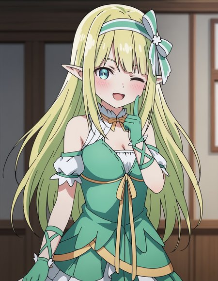 score_9, 1girl, solo,
orphia, blue eyes, long hair, blonde hair, straight hair, hair bow, green hairband,  pointy ears, elf, medium breasts, <lora:seirei_gensouki_-_ orphia:1>
dress, green dress, bare shoulders, cleavage cutout, detached sleeves, ribbon, gloves, frills, 
looking at viewer, cowboy shot, pointing at viewer, hand up, pointing, index finger raised, from side, 
blush, smile, one eye closed, ;d, open mouth, 
indoors, blurry background, depth of field,