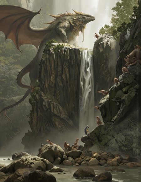 Art by Zhang Jing. A digital illustration shoot from a bird's eye view about a fantastical scene featuring a large, bearded dragon towering over a rocky landscape with a waterfall in the background. the scene is set in a mountainous area with rocky cliffs and a river flowing beneath. on the left side of the image, a humanoid figure with a backpack is standing in the foreground, looking up at the dragon. the creature has a long, spiky tail and sharp teeth, and its body is covered in scales. it appears to be in a state of alertness, with its eyes wide open and its mouth slightly open, as if it is about to take flight. in front of the creature, a group of small, brown creatures are perched on the rocky rocks, some of them looking up, while others are looking down at the creature. the background features a waterfall cascading down the rocky cliffs, with a misty, ethereal atmosphere surrounding the scene. the overall color palette is muted, with shades of green, brown, and gray, giving the image a sense of depth and realism.