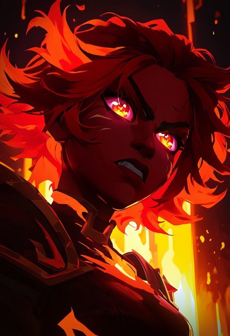 score_9, score_8_up, score_7_up, TKMND, ARKN2, volumetric lighting, portrait, face focus, cel shading, face adorned with ARKN2, NLSTN, glowing, dark, shadows, 
BREAK
1girl, short hair, red pupils, fire mage, fiery hair, messy hair, dark red hair, leotard, gold patterns on leotard, angry face, sparkling eyes, arcane energy, lava dripping down face, dripping lava, flames in background, flames accentuates features, low angle, shiny chin, upturned chin,