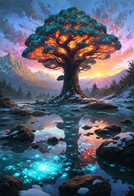 (by Ellen Jewett:1.5), (Fiery Bioluminescent Impressionism, mountain landscape, The Dreamland, Gibson Great  Mountains, rock, sky, giant tree, great grand tree on mountains, great magical tree, sunset, sunrise , stream, snow and ice, ethereal landscapes, depth of field, biotech emotion:1.3) <lora:xl_more_art-full_v1:0.5> <lora:add-detail-xl:1> <lora:RMSDXL_Creative:2>