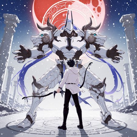 2boys, gay, yaoi, human x robot, interspecies, size difference, contrasting builds, full body, perfect anatomy, easynegative, clear eyes, BREAK 

[1boy, m1namoto_n0_tametom0, robot, helmet, long blue hair, ponytail, white armor, halfskirt, bow_(weapon)], BREAK

[1boy, Ritsuka_Fujimaru, (Human), twink, pale skin, short hair, black hair, turquoise eyes, (glasses), dagger, spellbook, white and black hooded robe, black boots], BREAK

Barren plains, night, blood moon, smile, combat pose, look at each other, magic circle, glow, BREAK

masterpiece, perfect quality, best quality, perfect anatomy, absolutely eye-catching, homoerotic, BREAK

((4k,8k,Ultra HD)),((Masterpiece :1.2)),((Best quality :1.2)),((Detailed :1.5)),((Detailed background :1.5))