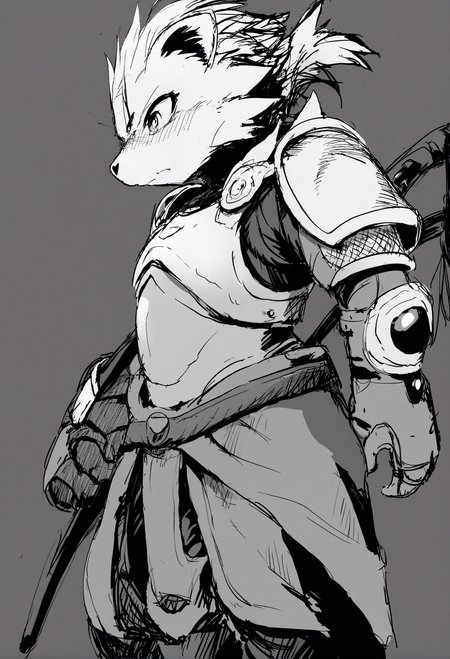 masterpiece, hyper detailed, best quality,(furry:1.3),weapon, monochrome, solo  , sketch, 1boy, greyscale, male focus, white background, armor, simple background, standing  ,<lora:DAGASIXLlokr8f-000188:0.95>