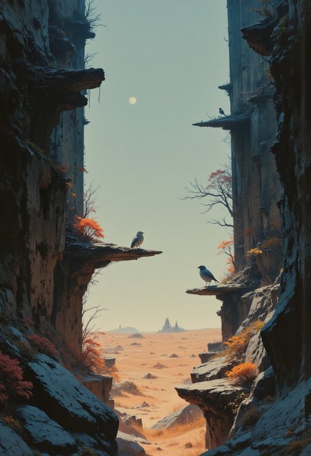 An enigmatic composition bathed in soft, diffused light, blending whispers of surrealism and melancholia. The scene unfolds in a cinematic atmosphere where subtle textures and delicate grains add depth, while the interplay of light and shadow enhances the quiet intensity of the moment. A subdued color palette merges with ethereal haze, evoking a dreamlike quality and timeless stillness. The central subject –Muted gray sparrows flit away from barren landmasses within a barren desert ridge. Opaque moonlight seeps through the void, obscuring the dull feathers and erasing any glow from the cracked surfaces. The sparrows' ordinary movements and muted colors dissolve against the industrial, lifeless ridges, distilling any vibrancy from the composition into stark desolation..– is delicately framed, their presence balanced between mystery and intimacy. Surrounding elements, rich in symbolic undertones, anchor the narrative in an otherworldly context. Organic details like softly swaying flora or faintly glowing surfaces contrast with stark, haunting figures, creating a juxtaposition that is both poignant and surreal. The composition invites introspection, with negative space amplifying the mood's resonance. Every detail, from the atmospheric depth to the muted highlights, serves to craft an image that feels suspended in an emotional, poetic realm, steeped in quiet nostalgia.
surreal style