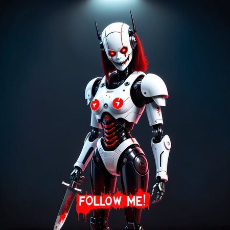 evil smiling hooker robot with knife and bloody text:"follow me"