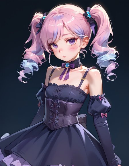 score_9,score_8_up,score_7_up, 1girl, flat chest, tiny tits, 24yo, fair skin, lilac hair, twintails, swept bangs, purple eyes, black long eyelashes, blush, skinny, slender waist, medium rounded breasts. intricate corset, wide skirt, victorian style, high quality, embedding:zPDXL3, smudgy, liu2, kyuyongeom, embedding:safe_pos