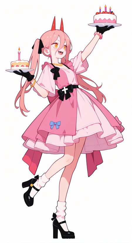 masterpiece,best quality,amazing quality, power \(chainsaw man\), 1girl, solo, long hair, hair between eyes, yellow eyes, twintails, pink hair, hair ribbon, horns, sharp teeth, cross-shaped pupils, red horns, smile, open mouth, standing, arm up, looking to the side, holding plate, standing on one leg, holding cakeï¼
simple background, white background, full body, gloves, dress, holding, bow, ribbon, black gloves, alternate costume, socks, black footwear, necklace, high heels, bracelet,black ribbon, fruit, white socks, pink dress, plate, cake, beads, candle, bead bracelet, dress bow, birthday cake, pearl bracelet, <lora:ponyv6_noobE11_2_adamW-000017:0.3> <lora:MeMaXL4:0.8> <lora:114558v4df2fsdf5:1> <lora:checkpoint-e18_s306:1.2> <lora:haiz_ai_illu:0.7>