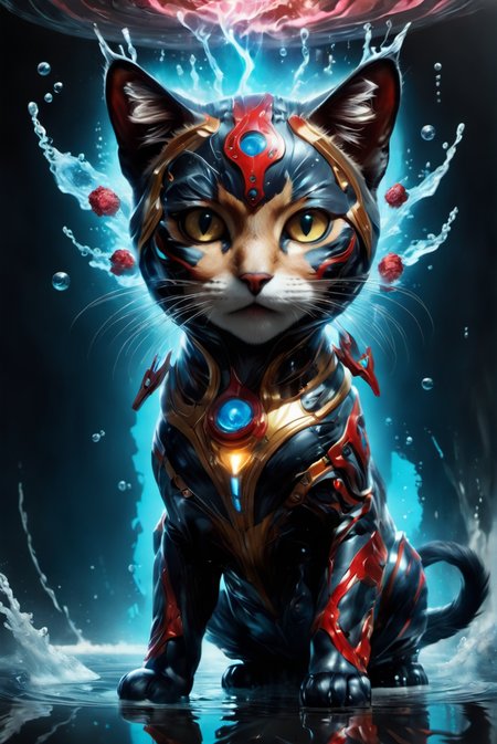 portrait of a cute cat,awardwinning, 8k,  atmospheric,dramatic,godlike,superpowers,power surge,epic,in the style of aleksi briclot,sandra chevrier and mythsxl,<lora:mythsxl:1>