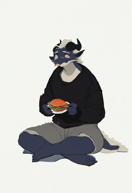 score_9_up, score_8_up, score_7_up, source_furry, yay, dragon boy, white eyebrows, yellow eyes, 1boy, solo, sitting, black sweater, gray shorts, eat big fish, simple background, white background, dnd
