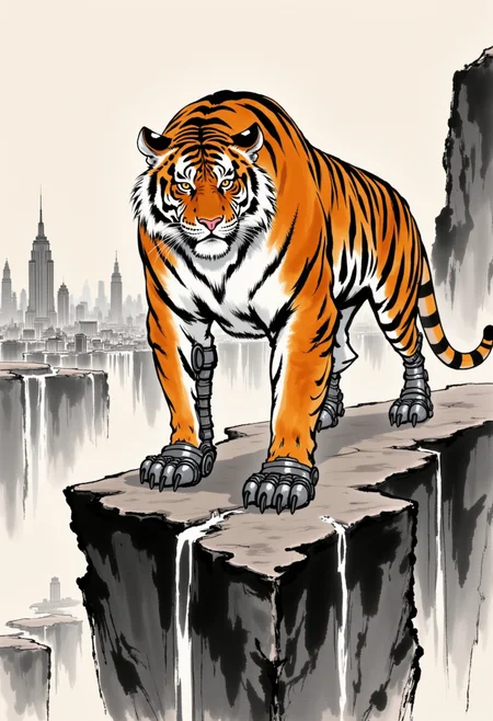 An image in style of ink wash painting, featuring a majestic, muscular tiger with metallic robotic legs standing on a rocky cliff. Behind, a cityscape with towering skyscrapers and cascading waterfalls. The tiger's intense gaze and powerful posture exude strength and mystery. <lora:Shuimozhuangshi_Ink_wash_painting_style_v2.5:1>