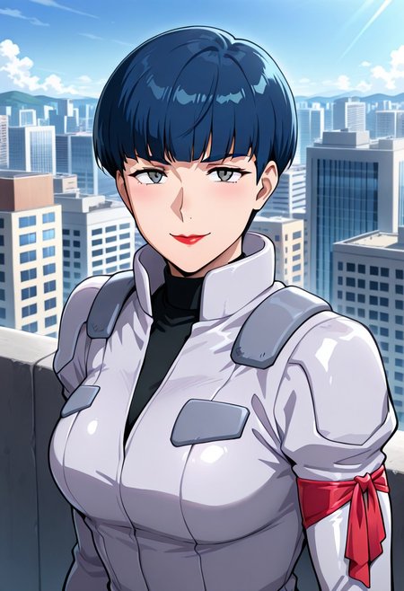 ((masterpiece, absurdres)), best quality, amazing quality, newest, 4k, anime coloring, very aesthetic, ray tracing, Smooth Quality, CG,city view,Miliera,1 mature female, blue hair, bowl haircut, grey eyes, red lips, pilotsuit, turtleneck t-shirt, arm ribbon,gloves ,upper body smile