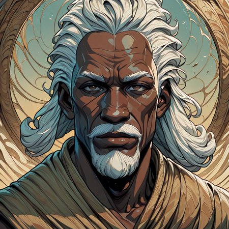 masterpiece, best quality, newest, absurdres, highres, anime, anime style, detailed face, 1boy, Illustratedafricanfemale, dark-skinned male, african male, african, old man, old, wrinkles, winkly face, dredlocks, white hair