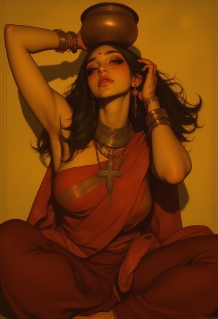 The golden sunlight casts a warm glow on the tribal Indian woman’s upper body, emphasizing the sun-kissed tone of her skin. Her toned arms are positioned gracefully—one hand lightly touching the brass pot balanced atop her head, the other resting near her collarbone. Her slender fingers, adorned with henna patterns, add an intricate touch. Her dark, wavy hair cascades over her shoulders, intertwined with small tribal beads. Her facial features are striking, with high cheekbones, a defined jawline, and full lips painted in an earthy red hue. Her deep, expressive eyes, lined with kohl, gaze into the distance with quiet strength. A small red bindi sits between her arched brows. She wears a red saree draped smoothly over her shoulder, its fabric flowing like liquid fire, with fine tribal patterns woven into the cloth. Stacks of gold bangles encircle her wrists, clinking softly with every slight movement. A choker necklace of metal and beads rests against her collarbone, while a delicate nose ring glints in the sunlight. The brass pot on her head gleams, its reflective surface mirroring the warm hues around her. Shadows and highlights sculpt the folds of her saree and the curves of her form, enhancing the depth of the scene. The background is softly blurred, focusing attention on her elegant and timeless presence.