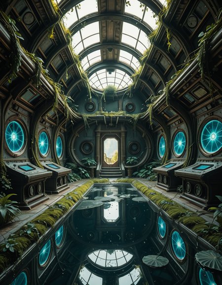 The interior of an ancient abandoned spaceship, overtaken by lush vegetation. The walls and ceiling are covered in thick, twisting vines and moss. Strange alien plants glow faintly in shades of blue and green, casting an eerie, mystical light across the metallic surfaces. Rusted control panels and shattered glass windows hint at a long-forgotten past. The floor is cracked and partially flooded with still, reflective water. Patches of bioluminescent fungi cling to the corners, adding a surreal atmosphere. The air feels heavy with moisture, and beams of soft, diffused light filter through holes in the hull, creating dramatic shafts of light and shadow. The overall style is hyper-realistic, rich in textures, with a cinematic and slightly melancholic mood.<lora:SDXLFaeTastic2400:0.4> <lora:extremely_detailed:0.4> extremely detailed,ancient abandoned sp4c3sh1p, <lora:ancient_abandoned_sp4c3sh1p-i:1>, Masterpiece,best quality,hi res,8k,hi res,8k,award winning,(sharp focus, intricate, highly detailed),